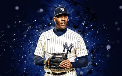 Aroldis Chapman, 4k, blue neon lights, New York Yankees, MLB, pitcher, The Missile, Aroldis Chapman 4K, baseball, blue abstract background, Aroldis Chapman New York Yankees, NY Yankees