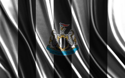 4k, Newcastle United FC, Premier League, white black silk texture, Newcastle United FC flag, English football team, football, silk flag, Newcastle United FC emblem, England, Newcastle United FC badge