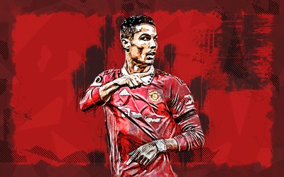 4k, Cristiano Ronaldo, grunge art, Manchester United FC, football stars, CR7, Manchester United, red grunge background, Cristiano Ronaldo Manchester United, CR7 Man United, Cristiano Ronaldo 4K
