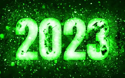2023년 새해 복 많이 받으세요, 4k, 녹색 네온 불빛, 2023년 컨셉, 네온 아트, 창의적인, 2023 녹색 배경, 2023년, 2023 녹색 숫자