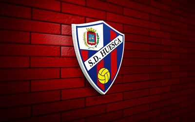 SD Huesca 3D logo, 4K, red brickwall, LaLiga2, soccer, SD Huesca logo, SD Huesca emblem, La Liga 2, football, SD Huesca, sports logo, Huesca FC
