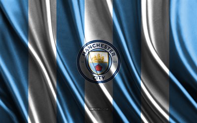 4k, Manchester City FC, Premier League, blue white silk texture, Manchester City FC flag, English football team, football, silk flag, Manchester City FC emblem, England, Manchester City FC badge
