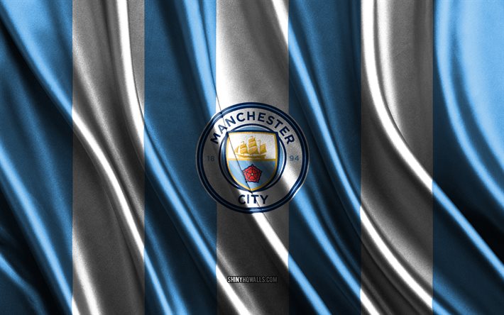 4k, Manchester City FC, Premier League, blue white silk texture, Manchester City FC flag, English football team, football, silk flag, Manchester City FC emblem, England, Manchester City FC badge
