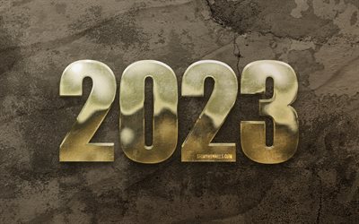 4k, 2023 frohes neues jahr, goldene 3d-ziffern, brauner steinhintergrund, 2023 konzepte, 2023 3d-ziffern, frohes neues jahr 2023, grunge-kunst, 2023 brauner hintergrund, 2023 jahr