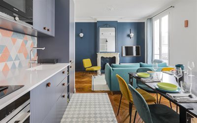 stylish interior design, kitchen, classic style in the interior, blue walls in the kitchen, retro style, kitchen idea, dining room
