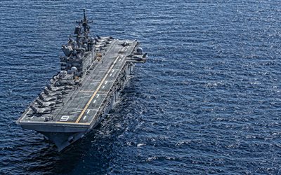 4k, USS America, LHA-6, American amphibious assault ship, aerial view, US Navy, F-35B Lightning II, American warships, F-35 on deck, USA