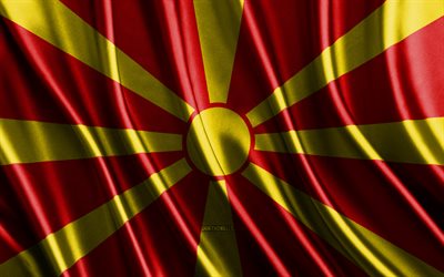 drapeau du nord de la macédoine, 4k, des drapeaux 3d de la soie, des pays d europe, du jour du nord de la macédoine, des vagues de tissu 3d, du drapeau macédonien, des drapeaux ondulés en soie, des symboles nationaux du nord de la macédoine, de la macédoine du nord
