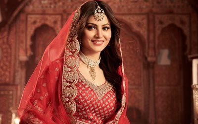 urvashi rautela, indische schauspielerin, fotoshooting, indisches rotes traditionelles kleid, bollywood, indisches model, roter sari, saree