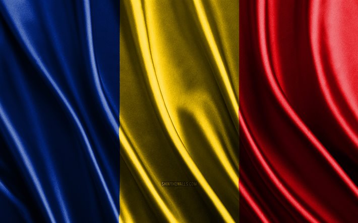 bandeira da romênia, 4k, bandeiras 3d de seda, países da europa, dia da romênia, ondas de tecido 3d, bandeira romena, bandeiras onduladas de seda, países europeus, símbolos nacionais romenos, romênia, europa