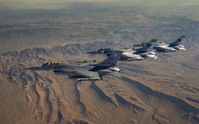 General Dynamics F-16 Fighting Falcon, US Air Force, three fighters, American fighters, F-16, aerial view, F-16 in the sky