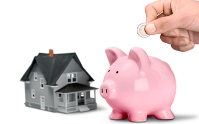 depósito de bienes raíces, 4k, piggy bank, ahorro de dinero para vivienda, conceptos de depósito, bienes raíces