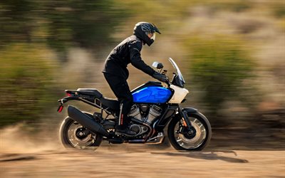 harley-davidson pan america 1250, 4k, motion blur, 2022 motorräder, superbikes, extreme, offroad, american motorcycles, harley-davidson