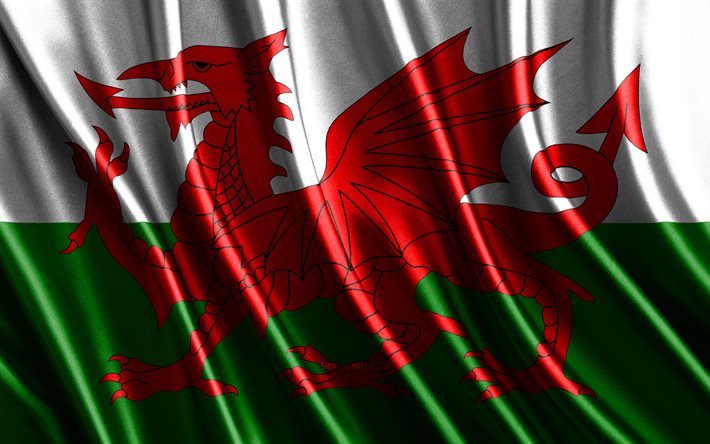Flag of Wales, 4k, silk 3D flags, Countries of Europe, Day of Wales, 3D fabric waves, Welsh flag, silk wavy flags, Wales flag, European countries, Welsh national symbols, Wales, Europe