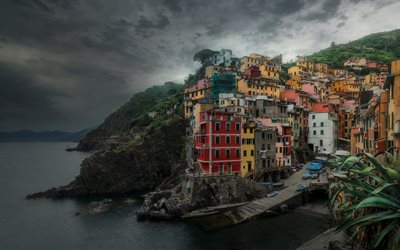 Riomaggiore, morning, cloudy weather, Ligurian coast, trip to Italy, Riomaggiore cityscape, coastline, Italy