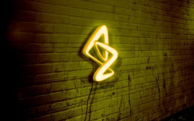 astrazeneca neon logotipo, 4k, parede de tijolos amarelos, arte grunge, criativo, vacina covid, logotipo em arame, logotipo amarelo astrazeneca, logotipo da astrazeneca, arte, covid-19, astrazeneca