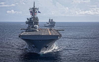 4k, USS Kearsarge, LHD-3, US Navy, American amphibious assault ship, Wasp-class, warships, USA, American flag
