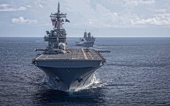 4k, uss kearsarge, lhd-3, us navy, american amphibie assault ship, wasp-class, warships, usa, american flag