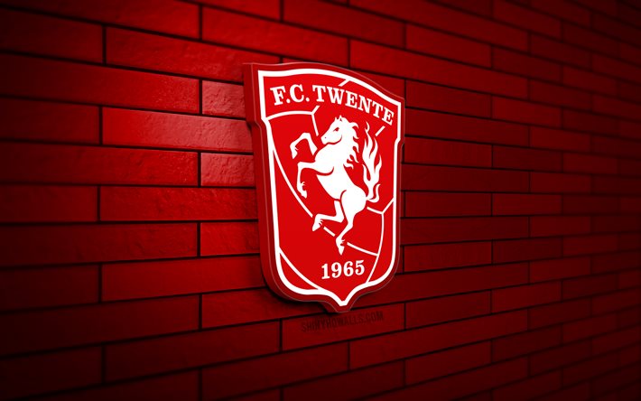 fc twente 3d logo, 4k, red brickwall, eredivisie, soccer, club di calcio olandese, fc twente logo, fc twente emblem, football, fc twente, sports logo, twente fc