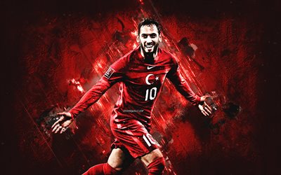 hakan calhanoglu, équipe nationale de football turque, joueur de football turc, milieu de terrain attaquant, fond de pierre rouge, dinde, football
