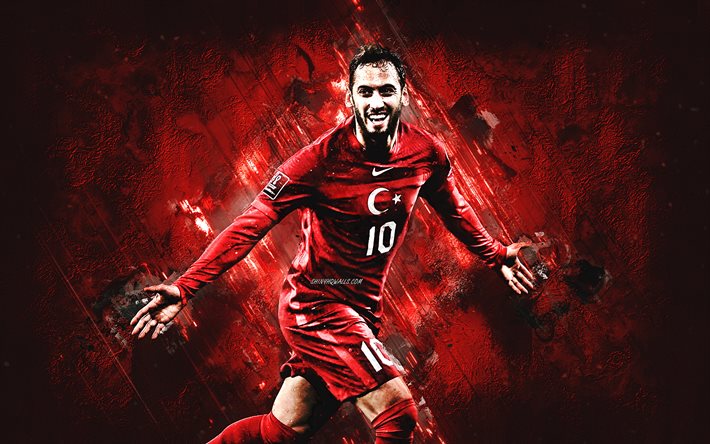 hakan calhanoglu, türkische nationalfußballmannschaft, türkischer fußballspieler, angriffsmittel von mittelfeldspieler, roter steinhintergrund, türkei, fußball