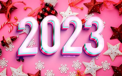 4k, 2023 Happy New Year, pink 3D digits, christmas frames, 2023 concepts, 2023 3D digits, xmas decorations, Happy New Year 2023, creative, 2023 pink background, 2023 year, Merry Christmas