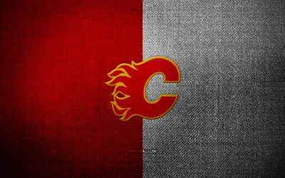 Calgary Flames badge, 4k, red white fabric background, NHL, Calgary Flames logo, Calgary Flames emblem, hockey, sports logo, Calgary Flames flag, american hockey team, Calgary Flames