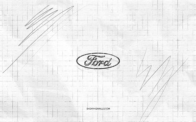 Ford sketch logo, 4K, checkered paper background, Ford black logo, cars brands, logo sketches, Ford logo, pencil drawing, Ford