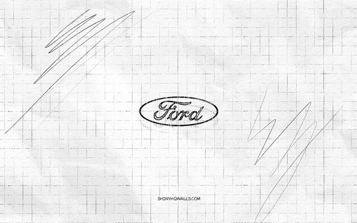 ford sketch logo, 4k, fond de papier à carreaux, logo ford black, marques de voitures, croquis de logo, logo ford, dessin au crayon, ford
