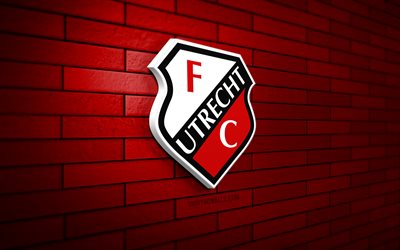FC Utrecht 3D logo, 4K, red brickwall, Eredivisie, soccer, dutch football club, FC Utrecht  logo, FC Utrecht emblem, football, FC Utrecht, sports logo, Utrecht FC