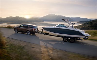 2022, Chevrolet Tahoe, exterior, luxury SUV, brown Chevrolet Tahoe, yacht transportation, SUV pulling a trailer with a yacht, american cars, Chevrolet
