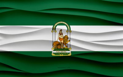 4k, Flag of Andalusia, 3d waves plaster background, Andalusia flag, 3d waves texture, Spanish national symbols, Day of Andalusia, Spanish Autonomous Community, 3d Andalusia flag, Andalusia, Spain