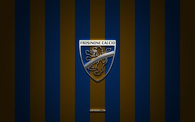 frosinone calcio logo, italian football club, serie b, yellow blue carbon background, frosinone calcio emblem, football, frosinone calcio, italie, frosinone calcio silver metal logo