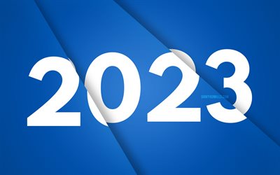 4k, 새해 복 많이 받으세요 2023, 파란색 종이 슬라이스 배경, 2023 개념, 블루 소재 디자인, 2023 새해 복 많이 받으세요, 3d 아트, 창의적인, 2023 파란색 배경, 2023 년, 2023 3d 자리