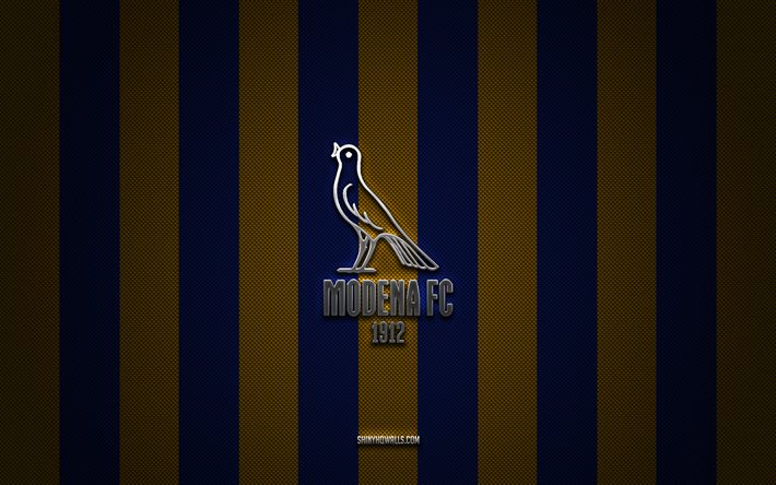 modena fc logo, italienischer fußballverein, serie b, yellow blue carbon hintergrund, modena fc emblem, fußball, modena fc, italien, modena fc silver metal logo