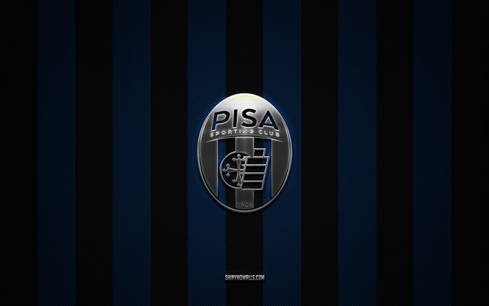 Pisa SC logo, Italian football club, Serie B, blue black carbon background, Pisa SC emblem, football, Pisa SC, Italy, Pisa SC silver metal logo