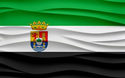 4k, Flag of Extremadura, 3d waves plaster background, Extremadura flag, 3d waves texture, Spanish national symbols, Day of Extremadura, Spanish Autonomous Community, 3d Extremadura flag, Extremadura, Spain