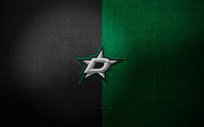 badge di dallas stars, 4k, sfondo in tessuto verde nero, nhl, logo di dallas stars, emblema di dallas stars, hockey, logo sportivo, bandiera di dallas stars, squadra di hockey americana, dallas stars