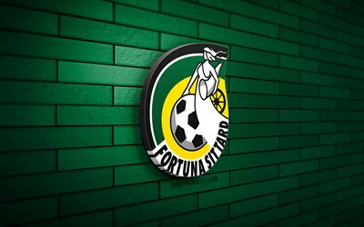 fortuna sittart 3d logo, 4k, green brickwall, eredivisie, futebol, clube de futebol holandês, logotipo da fortuna sittard, fortuna sittard emblem