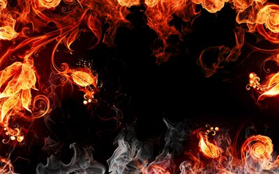 fire flames frame, 4k, black backgrounds, fiery frame, fire art, frame with fire flame, fire flames