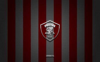 شعار ac perugia calcio, نادي كرة القدم الإيطالي, دوري الدرجة الأولى, خلفية الكربون الأبيض الأحمر, كرة القدم, ac perugia calcio, إيطاليا, ac perugia calcio silver metal logo