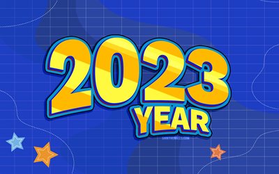 2023 Happy New Year, 4k, yellow 3D digits, 2023 concepts, creative, 2023 3D digits, Happy New Year 2023, 2023 blue background, 2023 year