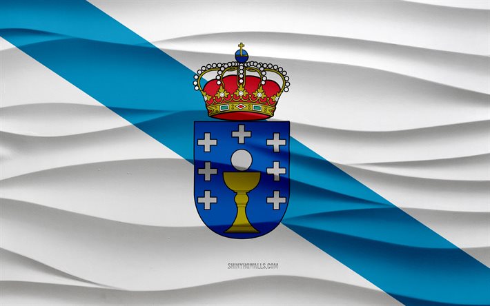 4k, Flag of Galicia, 3d waves plaster background, Galicia flag, 3d waves texture, Spanish national symbols, Day of Galicia, Spanish Autonomous Community, 3d Galicia flag, Galicia, Spain