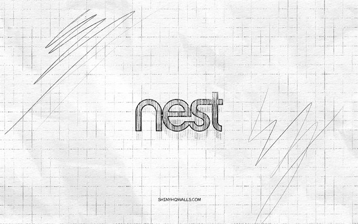 google nest 스케치 로고, 4k, 체크 무늬 종이 배경, google nest black 로고, 브랜드, 로고 스케치, google nest 로고, 연필 드로잉, google nest