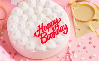 buon compleanno, 4k, torta bianca marshmallow, dolci, biglietto di auguri di buon compleanno, torta di compleanno, background di torta di compleanno