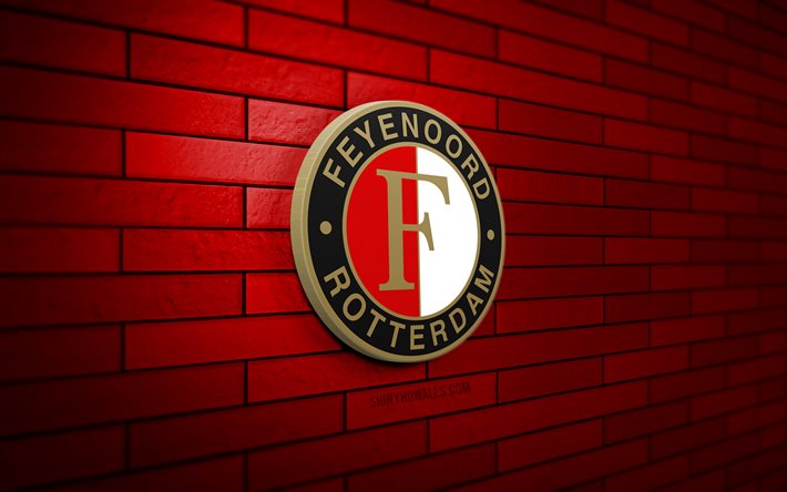 Feyenoord 3D logo, 4K, red brickwall, Eredivisie, soccer, dutch football club, Feyenoord logo, Feyenoord emblem, football, Feyenoord Rotterdam, sports logo, Feyenoord FC