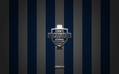 como 1907 logo, italian football club, serie b, blue white carbon background, como 1907 emblem, football, como 1907, italie, como 1907 silver metal logo