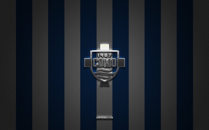como 1907 logo, italian football club, serie b, blue white carbon background, como 1907 emblem, football, como 1907, italie, como 1907 silver metal logo