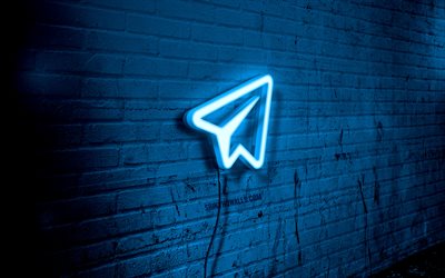 telegram neon logosu, 4k, mavi brickwall, grunge sanat, yaratıcı, telde logo, telgraf mavi logosu, sosyal ağlar, telgram logosu, sanat, telgraf