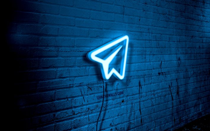 telegram neon logo, 4k, bluewall brickwall, grunge art, creative, logo on wire, telegram blue logo, redes sociais, logotipo do telegram, obra de arte, telegrama