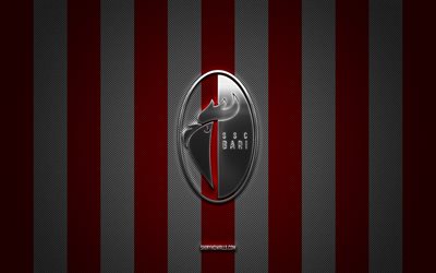 SSC Bari logo, Italian football club, Serie B, red and white carbon background, SSC Bari emblem, football, SSC Bari, Italy, SSC Bari silver metal logo